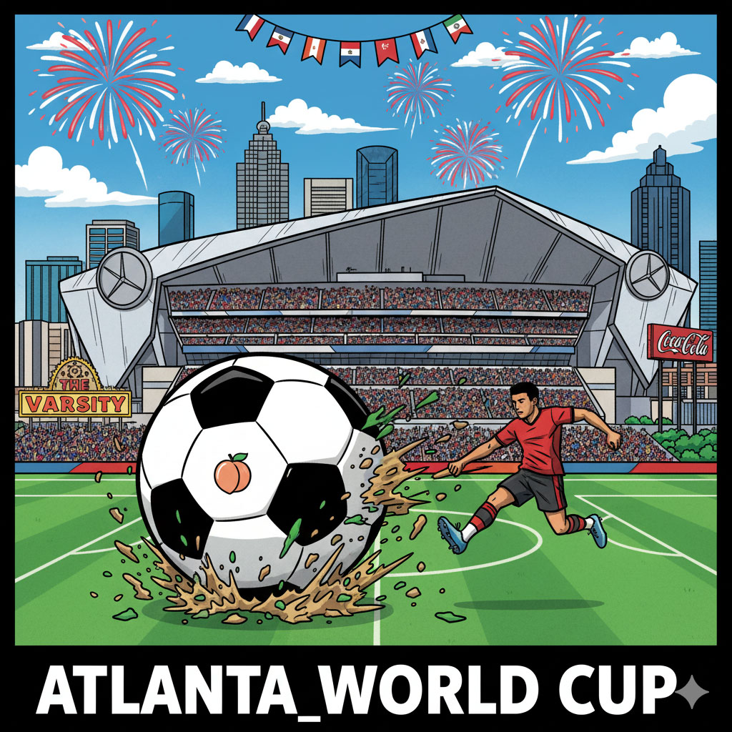 World Cup in Atlanta - cartoon stadium and skyline