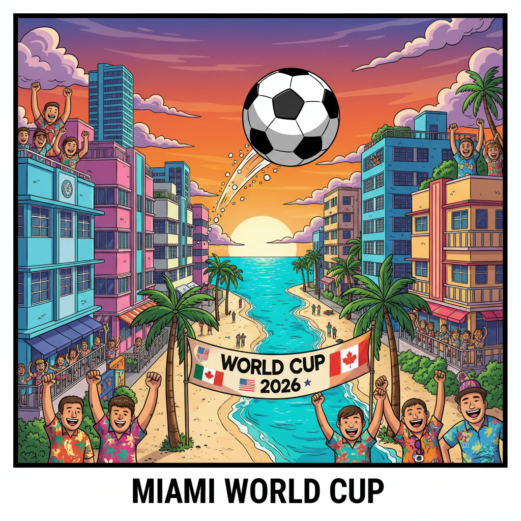 World Cup in Miami - neon ocean and soccer ball