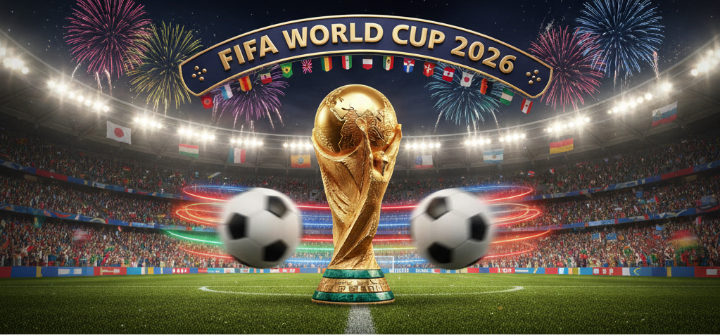 World Cup of Soccer header with ball and trophy